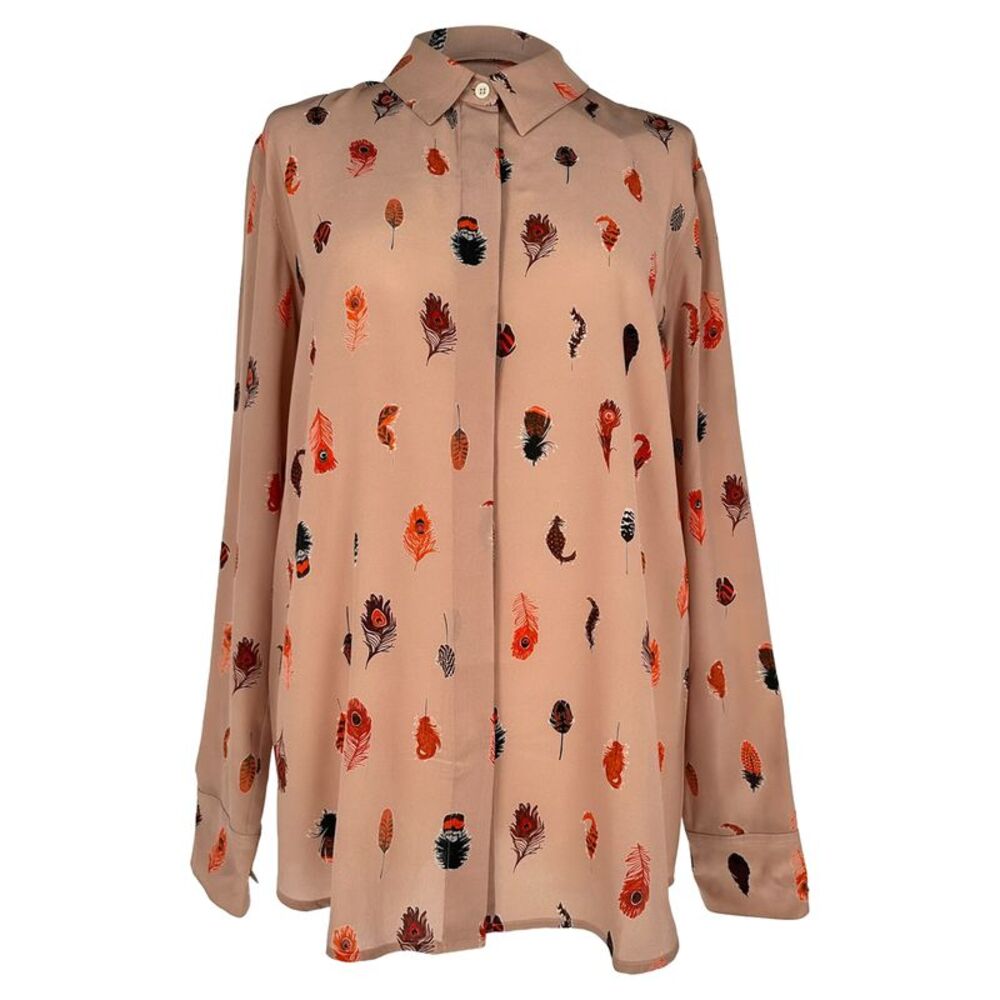 Altuzarra Feather-Printed Long Sleeve Blouse in Multicolor Silk